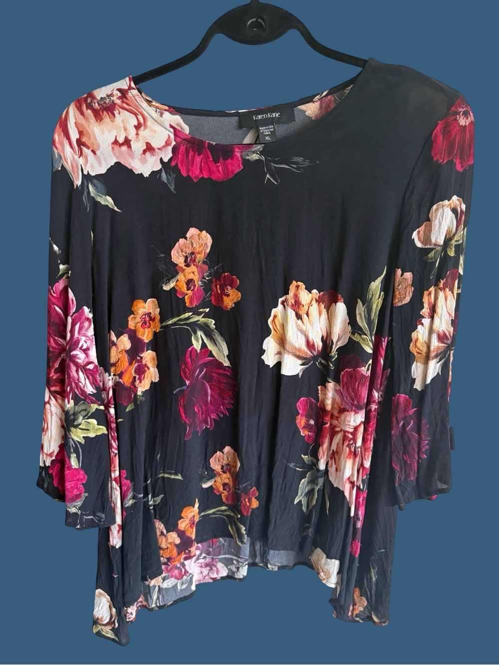 Karen Kane Black Floral Long Sleeve Blouse with Pink & Cream Blooms